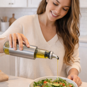 RoundFlow 500ml Premium Oil Bottle – Stainless Steel & Glass Dispenser